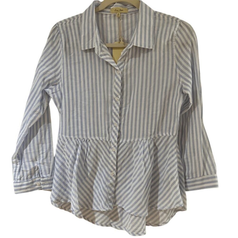 LOVE NOTES Blue White Striped Peplum Boho Button Up Top Medium